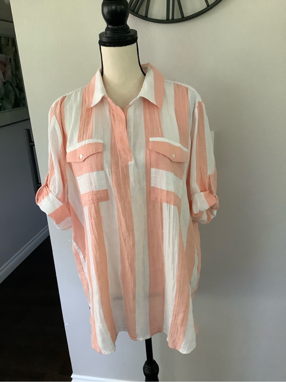 Vince Camuto Peach and White Striped Button-Down Shirt - Picture 3 of 10